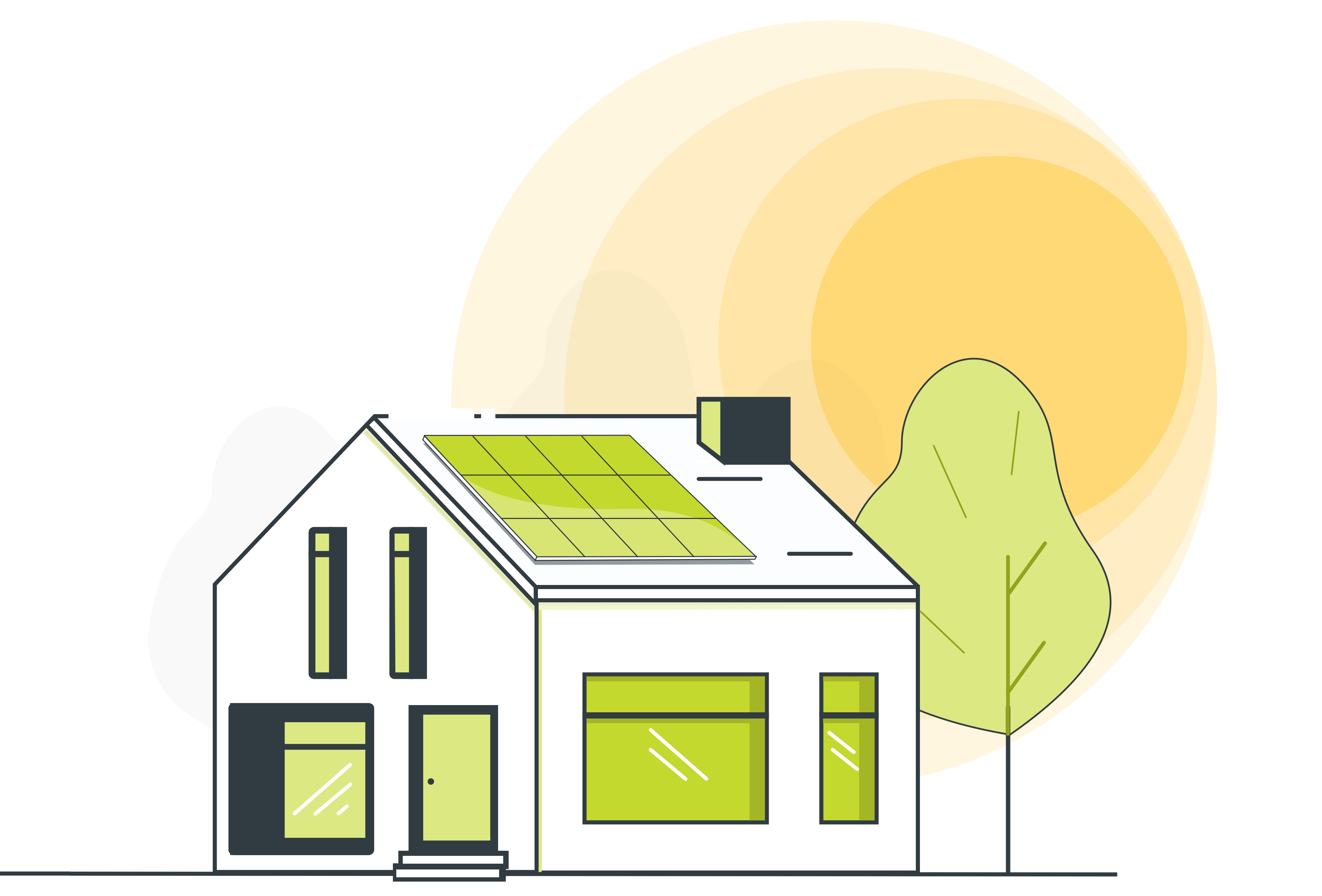 Green and white home with solar panels and sun