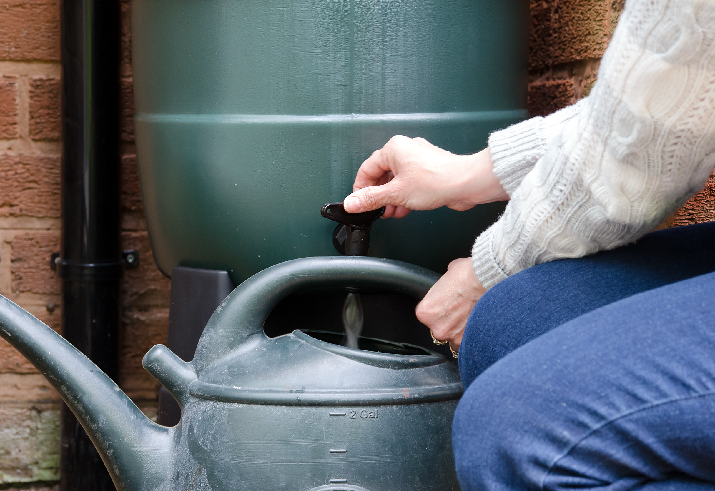 A woman is filing a large dark green watering can using a spout connected to a large dark green vat of water.